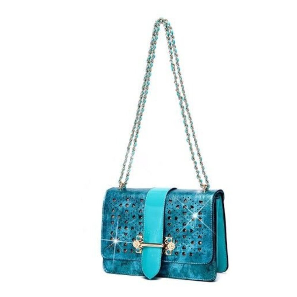 Brangio (Italy) Metallic Crossbody Bag With Chain Strap & Multiple Compartments